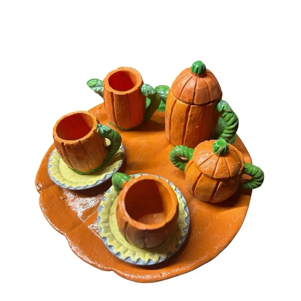 Vintage 90s Hermitage Pottery 10 Piece Mini Tea Set Pumpkin Halloween